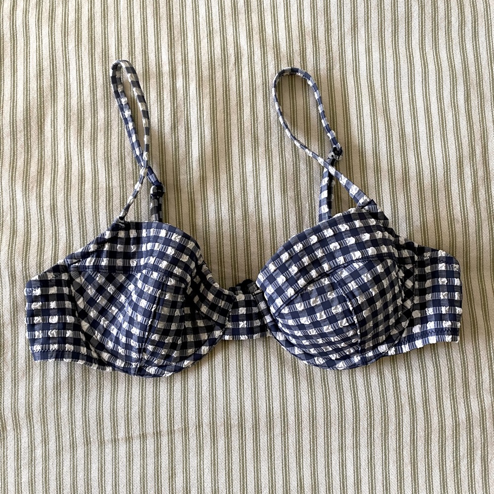 J Crew Navy Gingham Structured Vintage Style Bikini Top- 36A